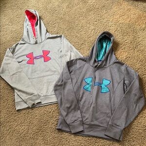 Under Armour Gray and Dark Gray Hoodies with Pink and Blue Logos